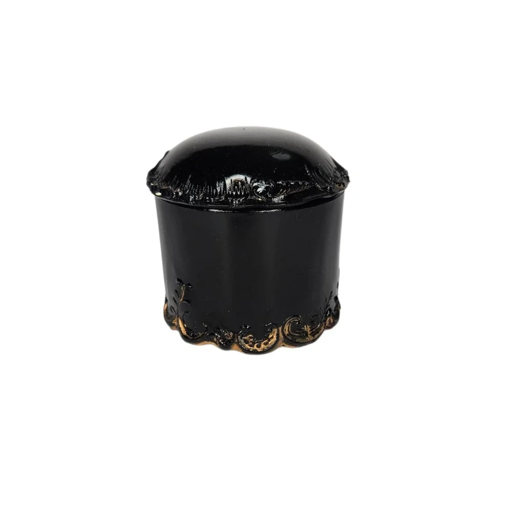 Antique Victorian Black Glass Vanity Powder Lidded Jar With Gold Trim Cottage